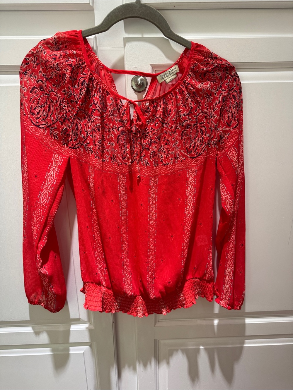 Lucky Brand orange Printed Peasant Blouse with Tie Neck